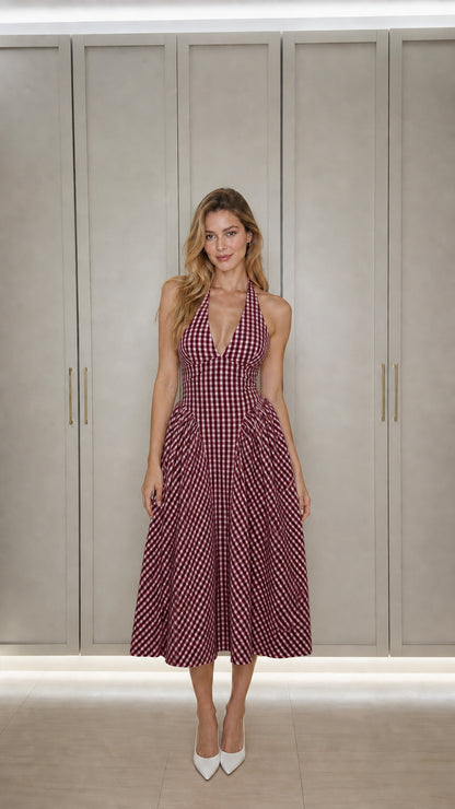 Front view of burgundy gingham midi dress variant