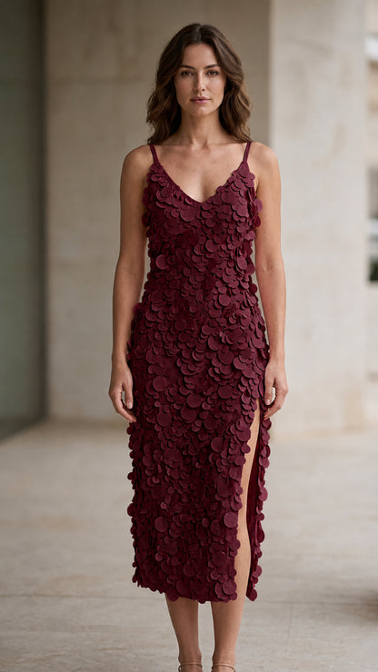 Model wearing burgundy 3D petal applique midi dress