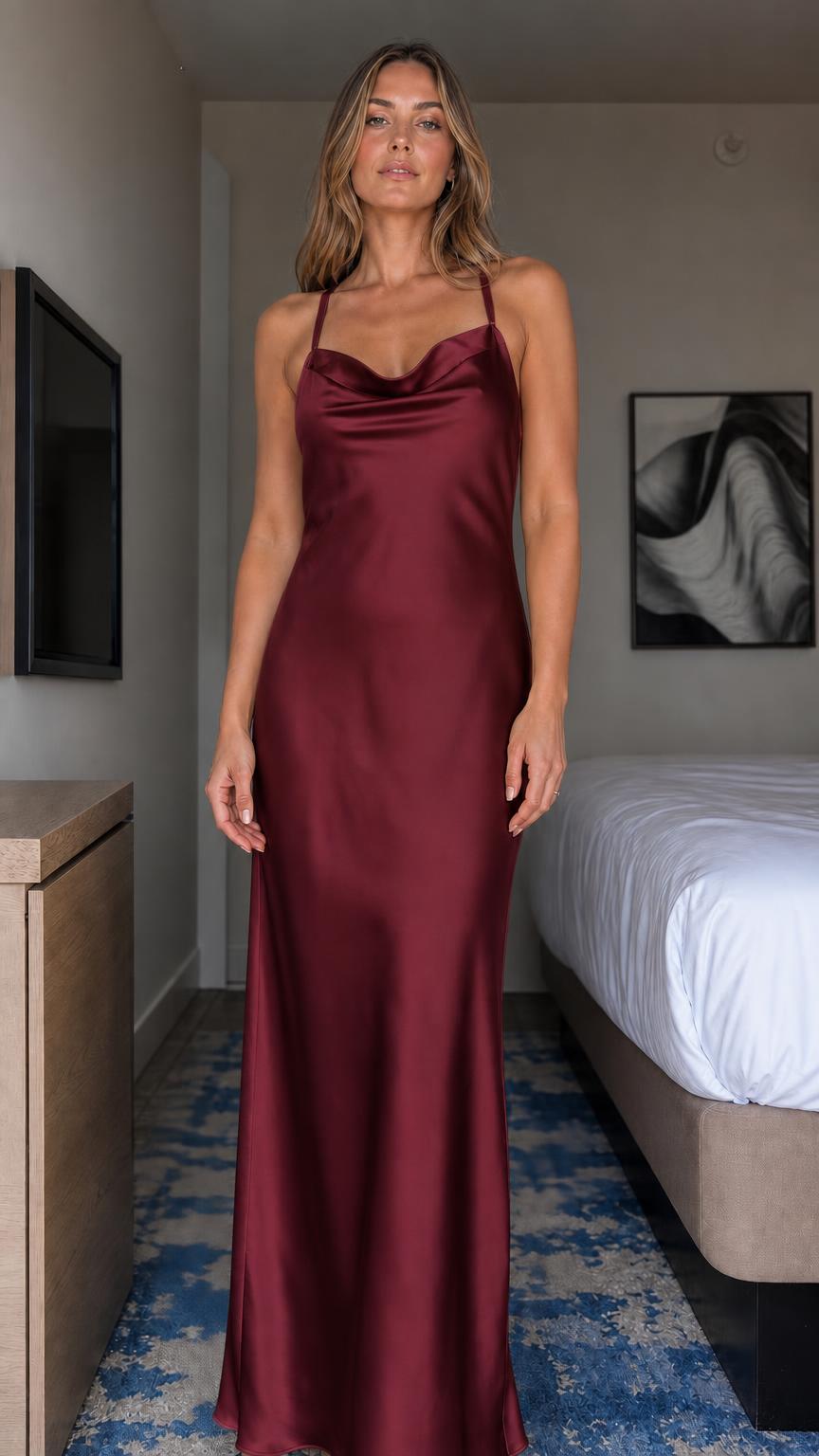 Front view of model wearing burgundy satin cowl neck maxi dress