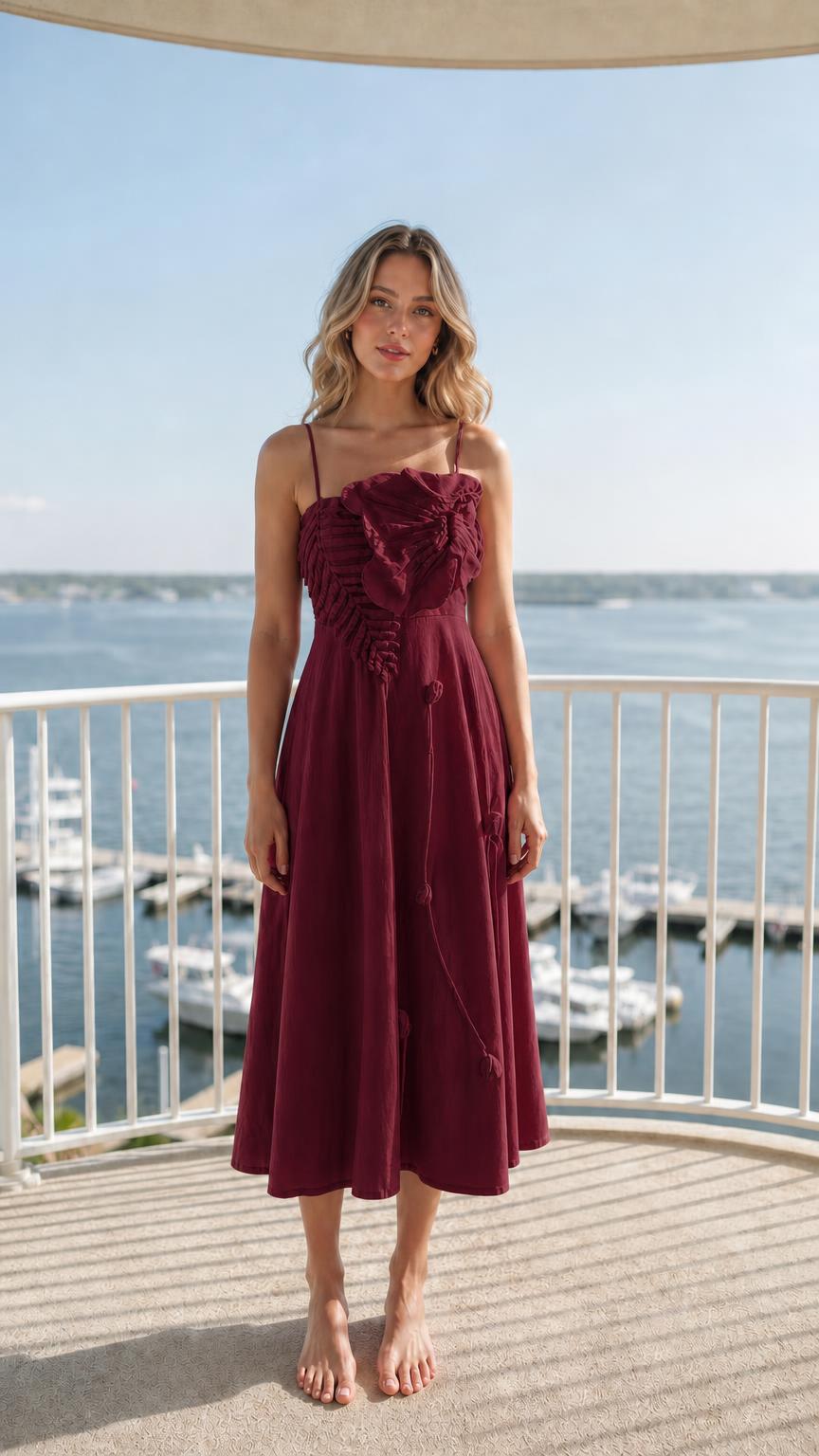 Front view of woman wearing burgundy ruffled midi dress