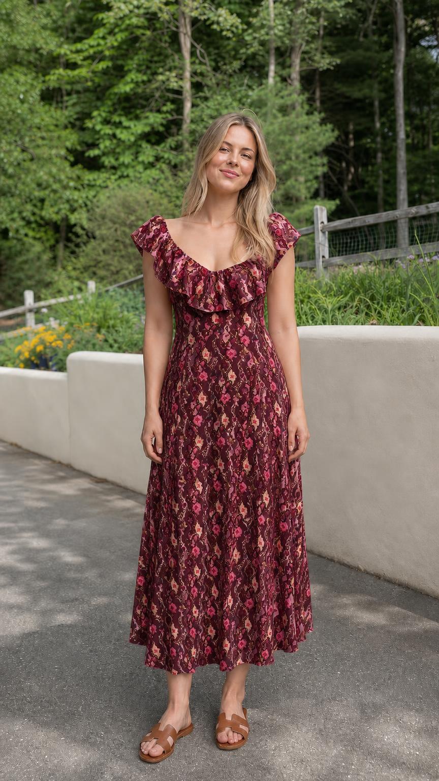 Front view of burgundy floral midi dress variant