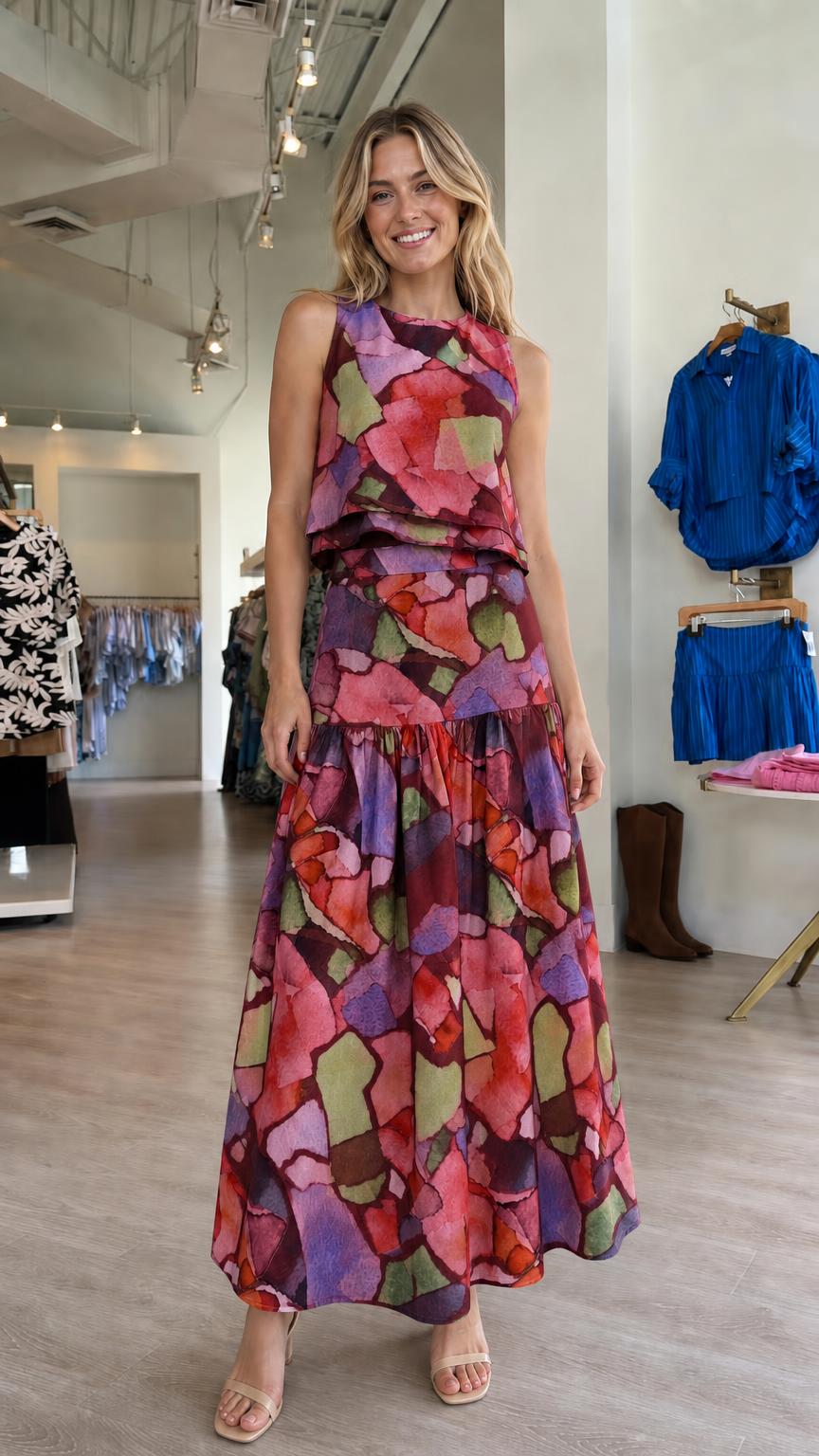Purple multi color variant of two-piece maxi set