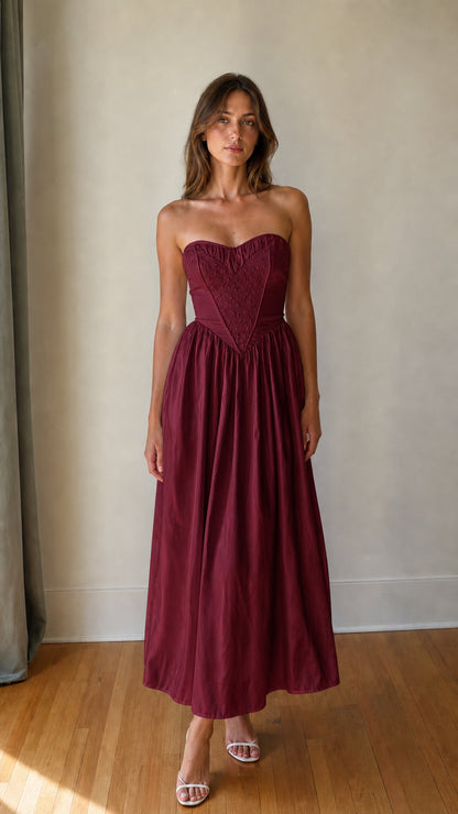 Front view of Burgundy strapless maxi dress