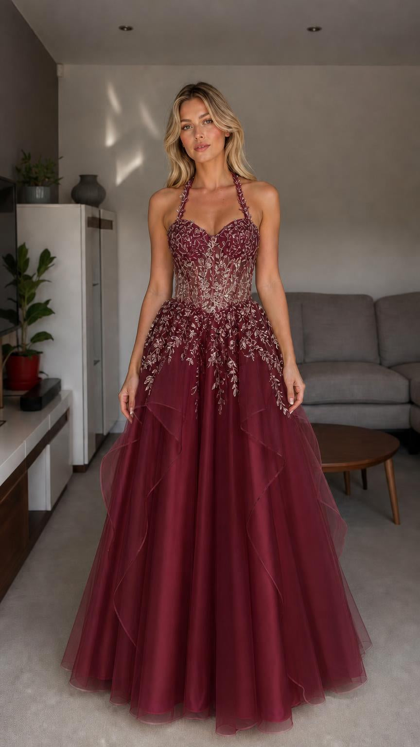 Front view of burgundy halter embroidered tulle ball gown