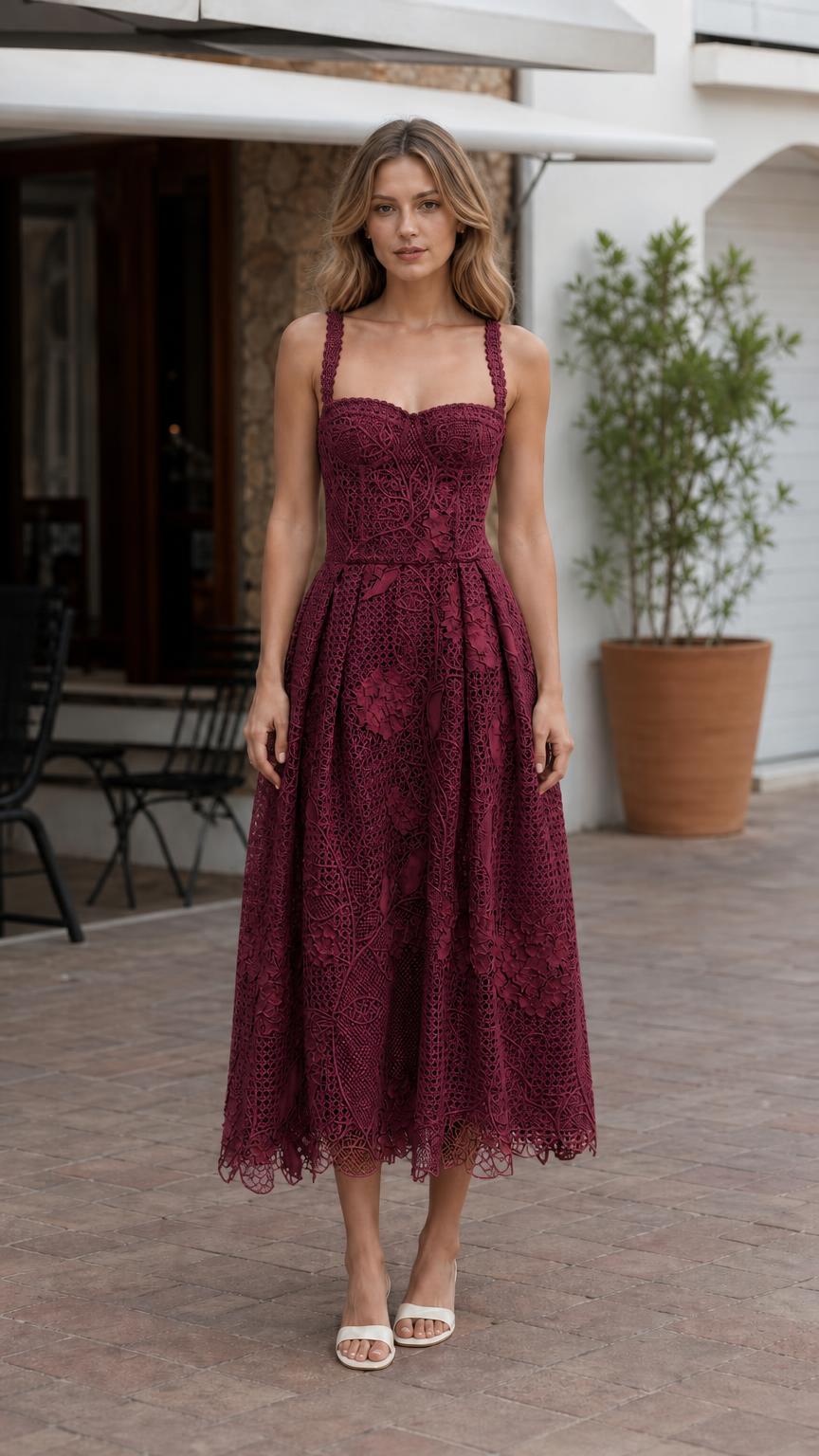 Front view of model wearing burgundy floral lace midi dress