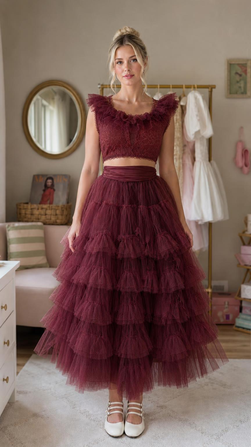 Front view of burgundy ruffled tulle two-piece dress