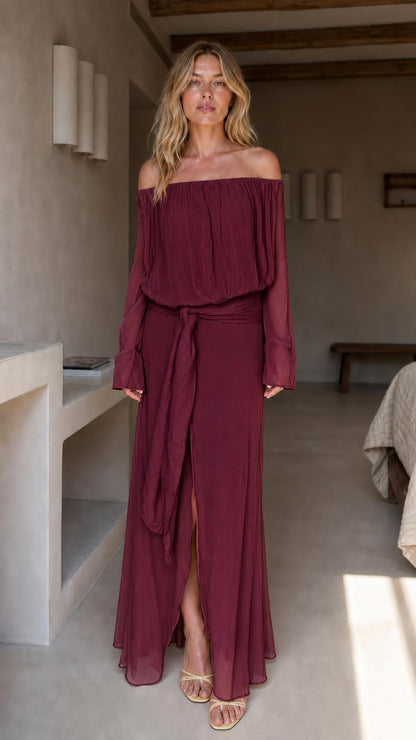 Front view of burgundy off-the-shoulder chiffon maxi dress