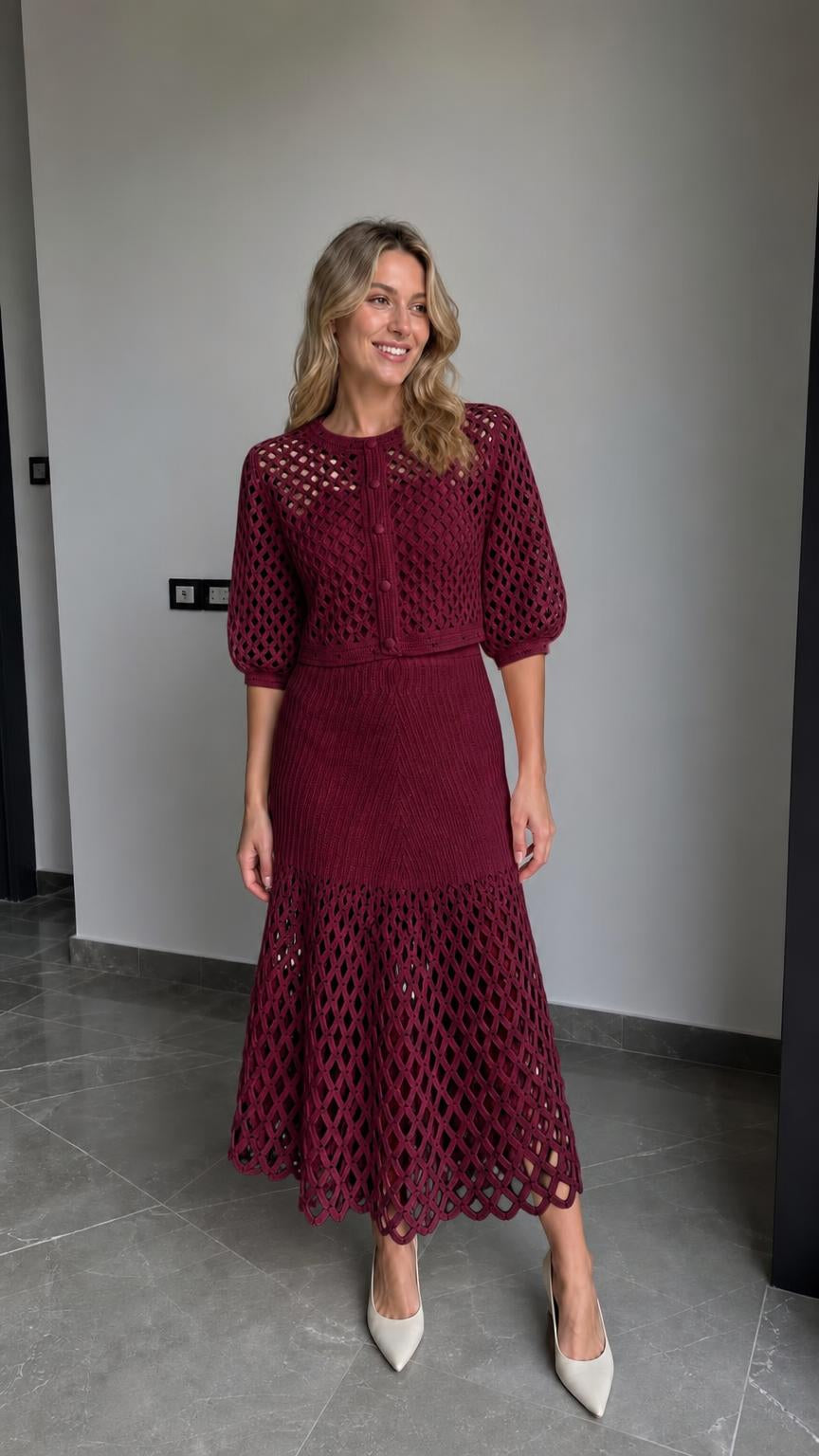 Full-body view of model wearing the burgundy colorway set