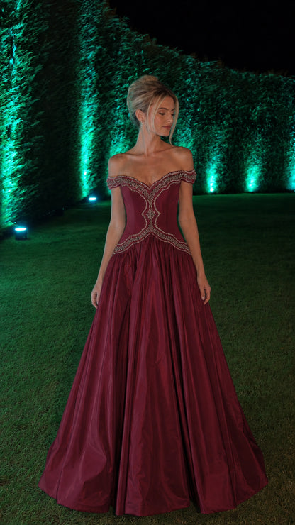 Burgundy variant of the off-shoulder evening ball gown