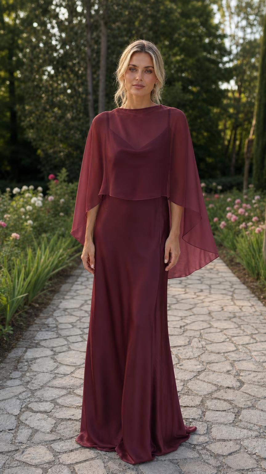 Model wearing burgundy capelet evening dress