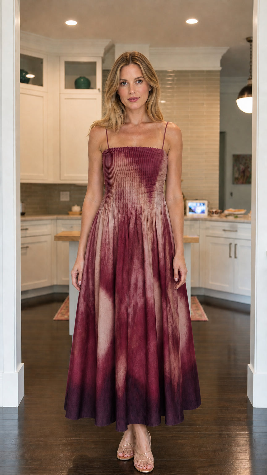 Model wearing burgundy ombre smocked maxi dress