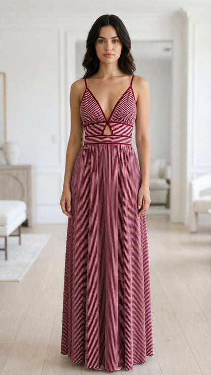 Front view of burgundy striped maxi dress variant