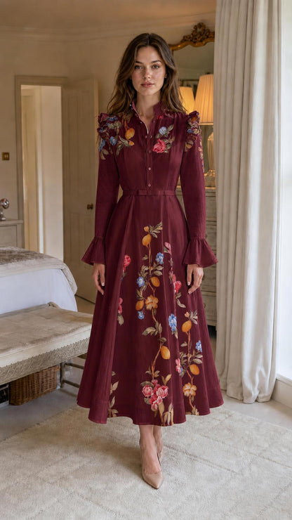 Front view of woman wearing burgundy botanical embroidered midi dress