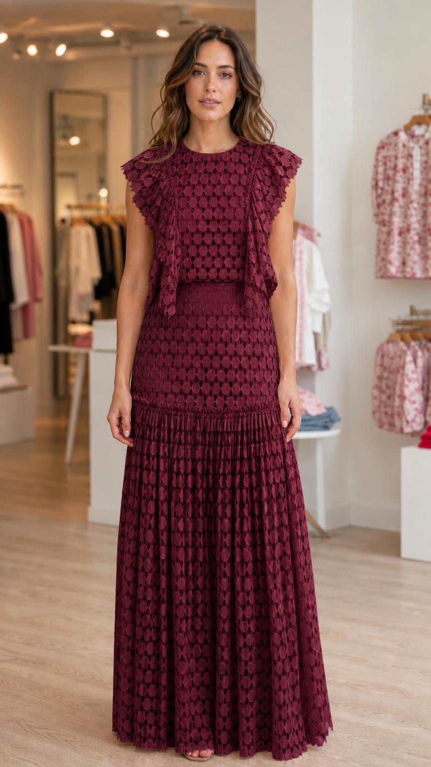 Model wearing burgundy ruffled maxi dress