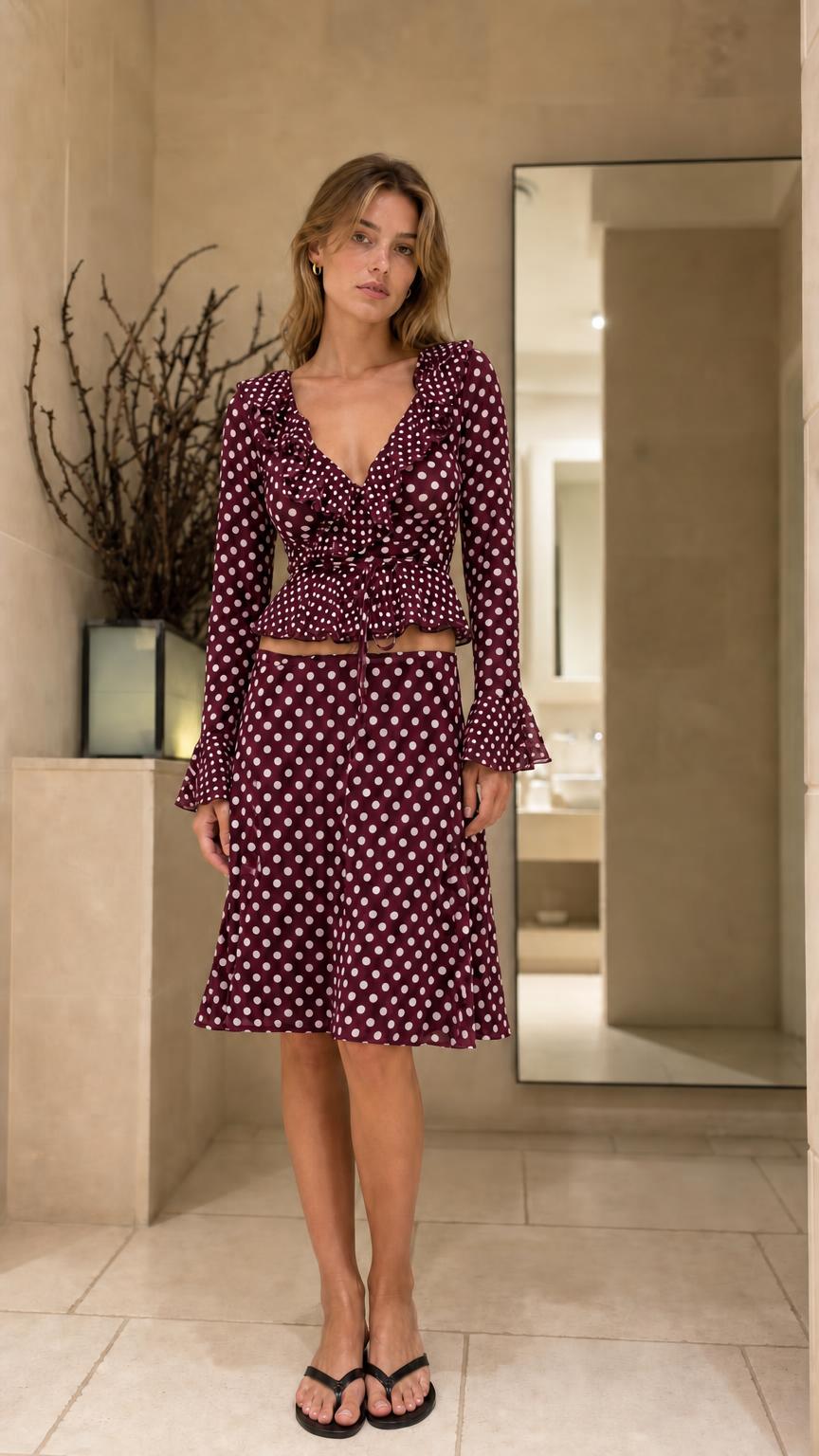 Front view of model wearing Burgundy polka dot matching set