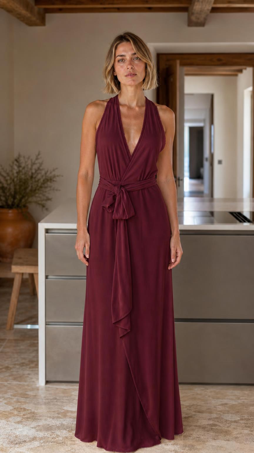 Front view of woman wearing burgundy halter v-neck maxi dress