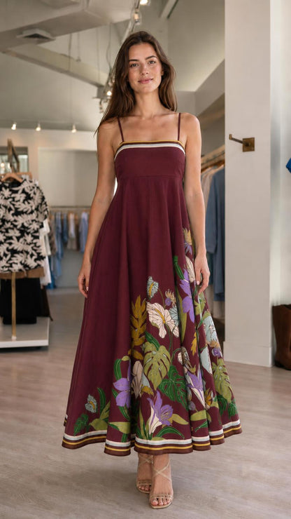 Front view of burgundy floral maxi dress