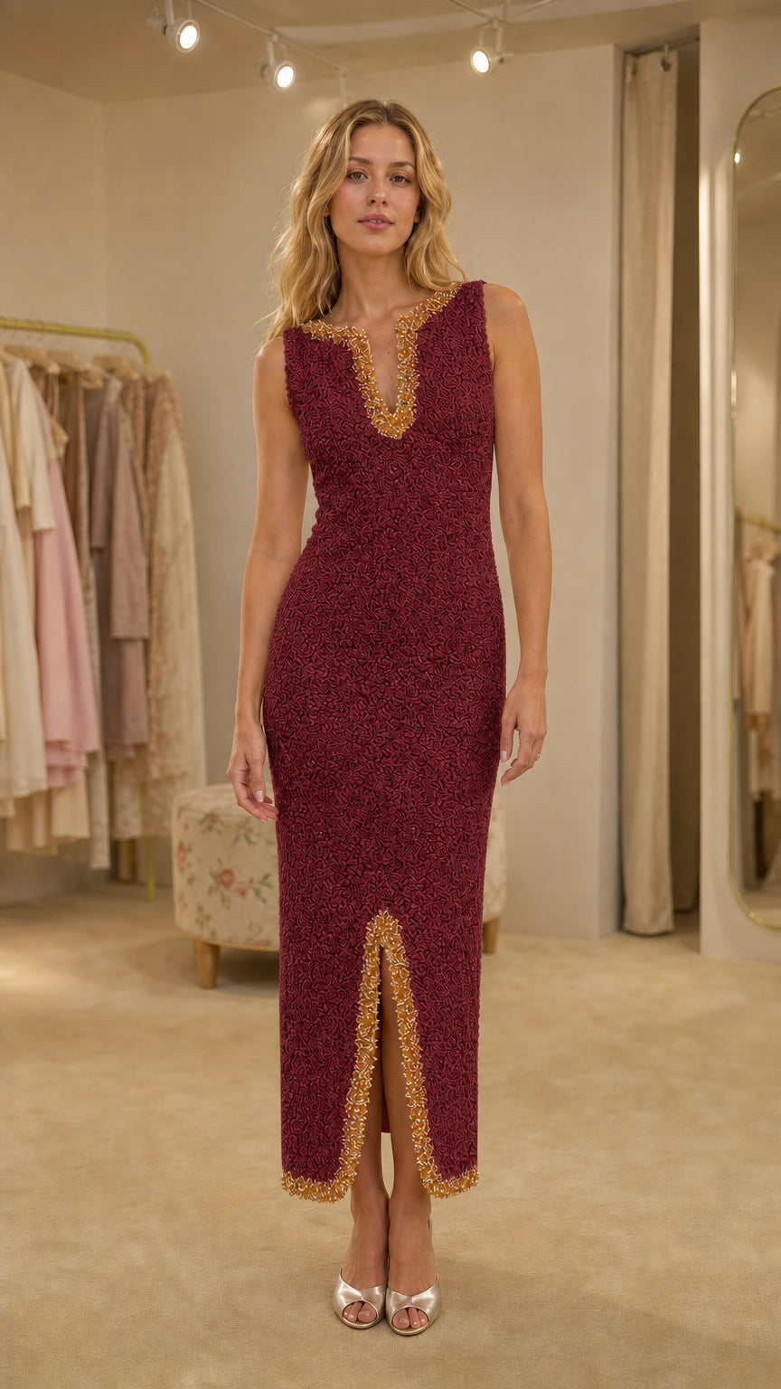 Front view of woman wearing burgundy beaded midi dress
