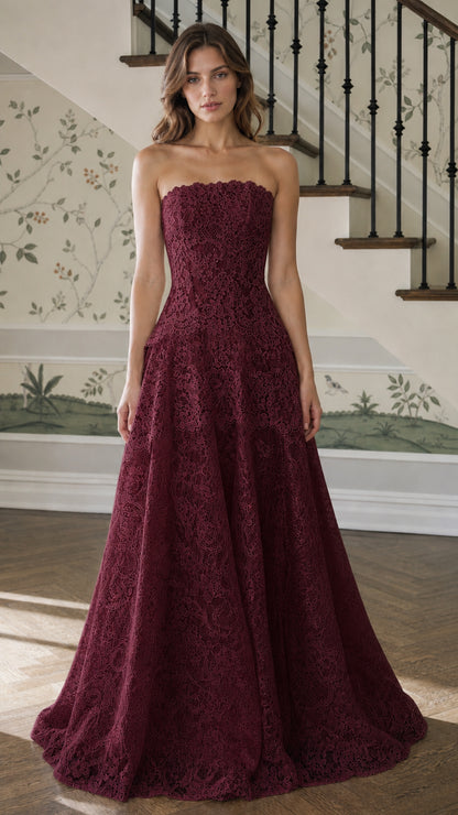 Front view of burgundy strapless lace evening gown