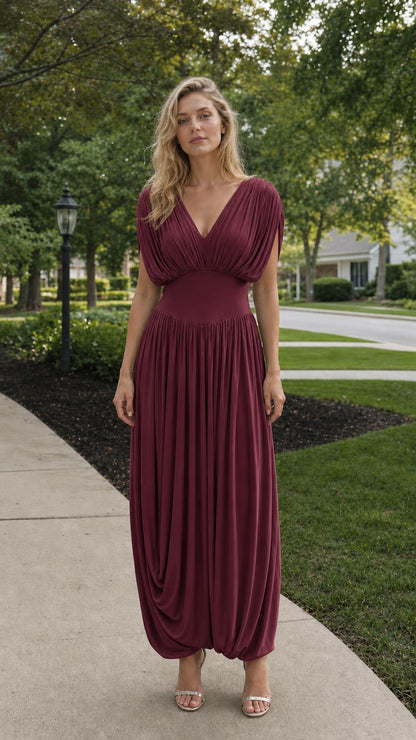 Front view of Burgundy pleated maxi dress