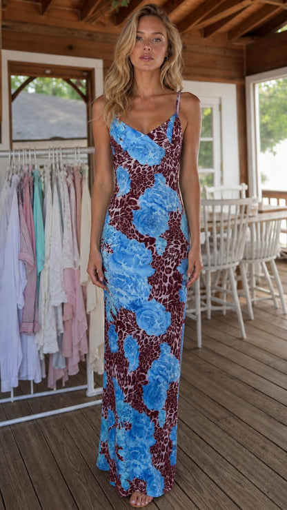 Front view of burgundy background variant with blue floral print