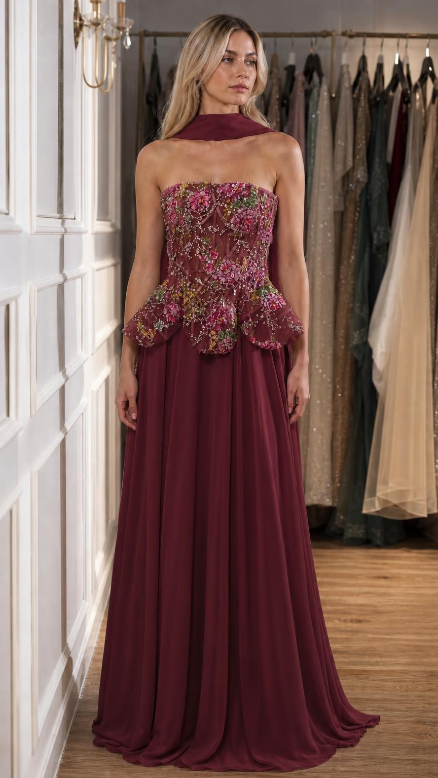Burgundy color variant of the strapless floral peplum gown