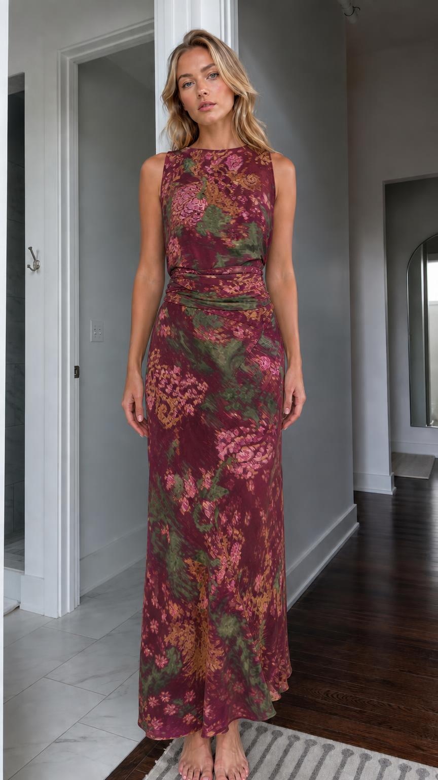 Front view of burgundy floral maxi dress variant