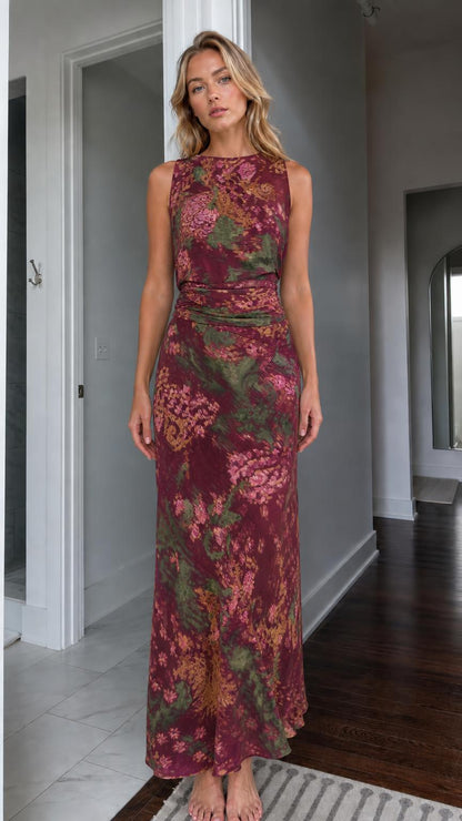 Front view of burgundy floral maxi dress variant