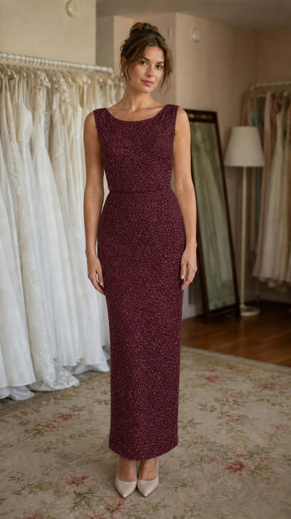 Front view of burgundy sequin evening column dress