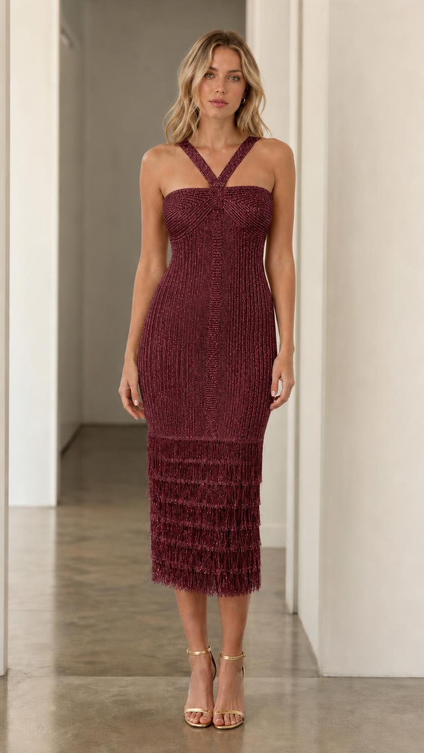 Model wearing burgundy halter fringe midi dress, front view