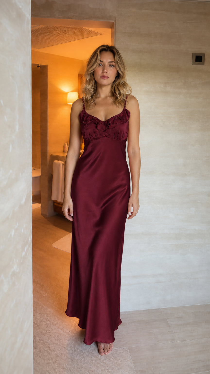 Satin Ruffle Trim Maxi Slip Dress