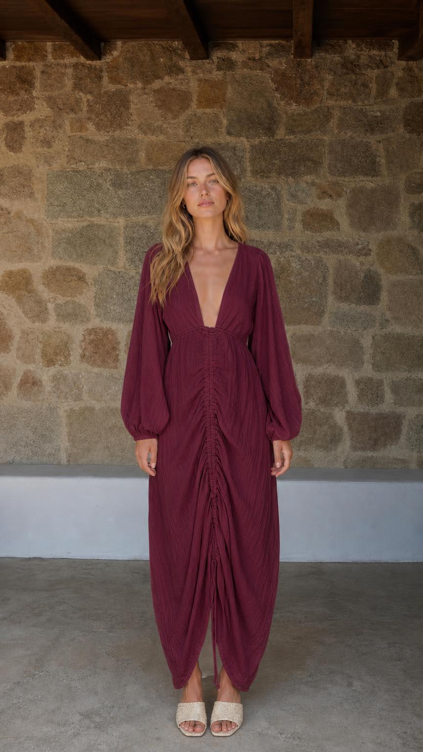 Front view of Burgundy V-Neck Ruched Long Sleeve Maxi Dress