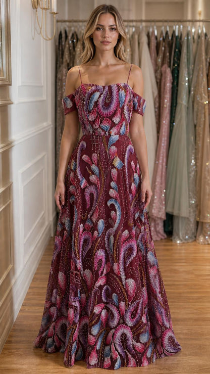 Front view of burgundy embroidered off-shoulder evening gown