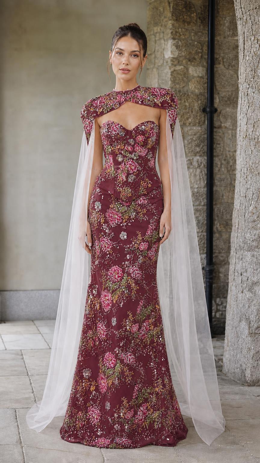Front view of burgundy floral embroidered corset gown with sheer cape