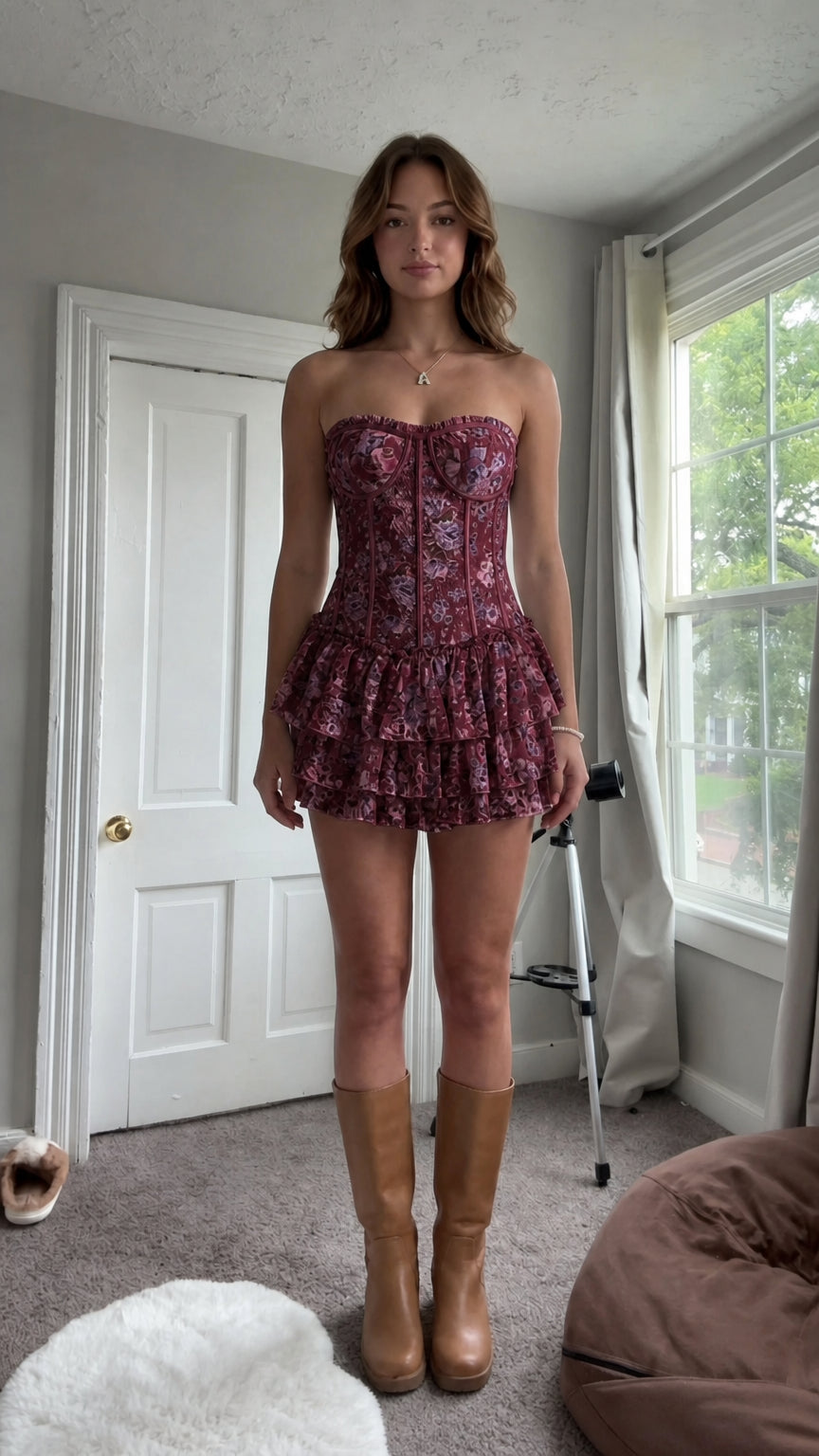 Front view of woman wearing burgundy floral strapless corset mini dress