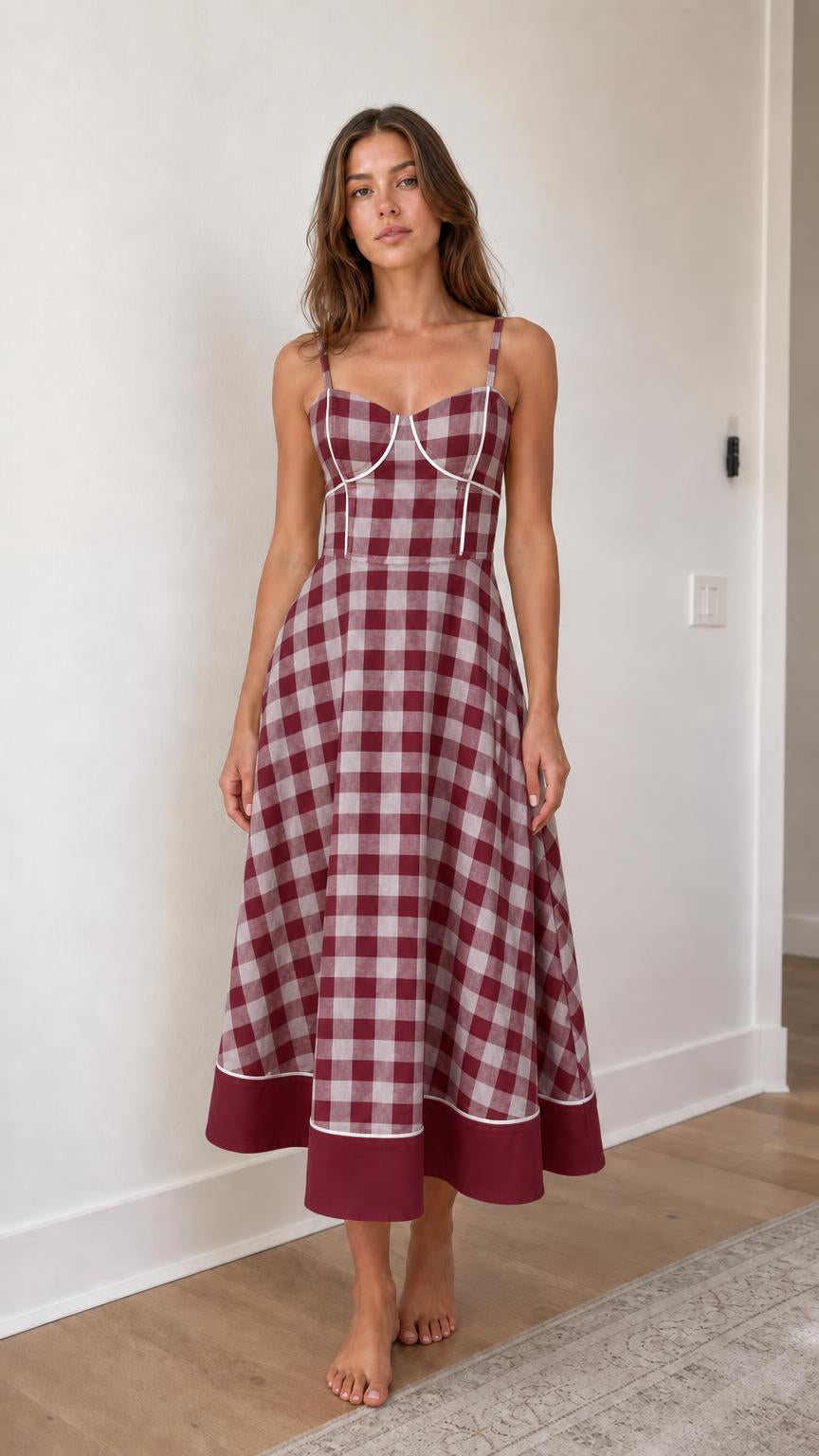 Woman wearing burgundy gingham midi sundress