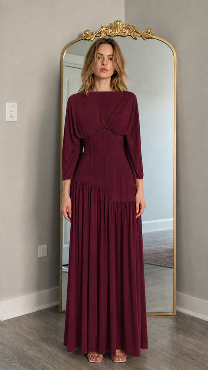 Front view of model wearing burgundy long-sleeve maxi dress