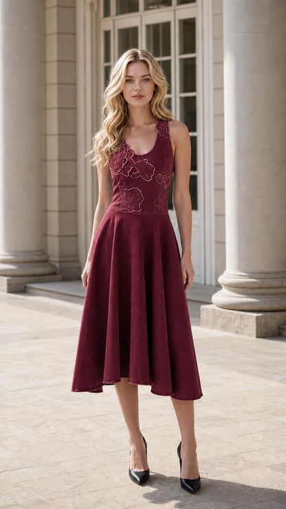 Model wearing burgundy sleeveless floral applique midi dress