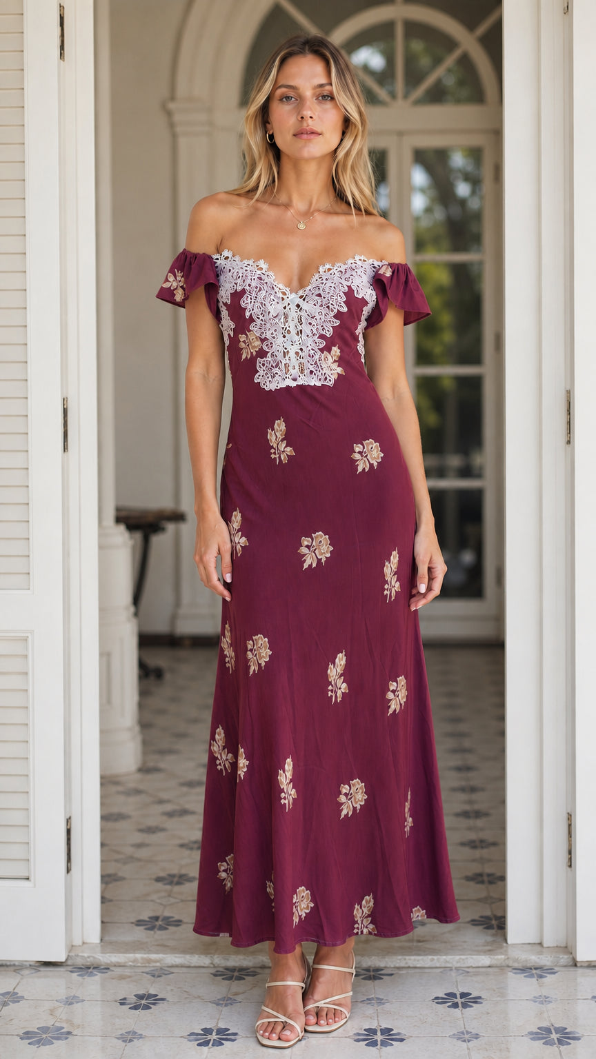 Front view of Burgundy floral lace trim maxi dress