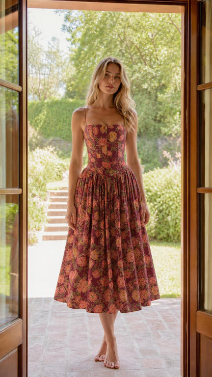 Full length view of burgundy floral midi sundress on model
