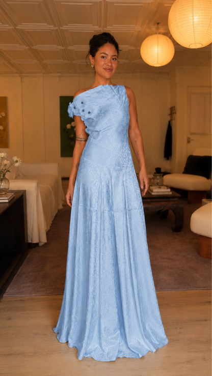 Front view of powder blue one-shoulder floor-length dress