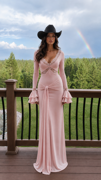 Woman wearing pink lace-trimmed maxi dress with bell sleeves