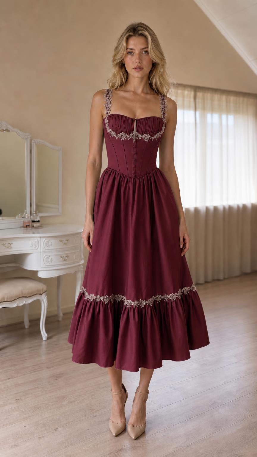Front view of Burgundy corset style midi dress
