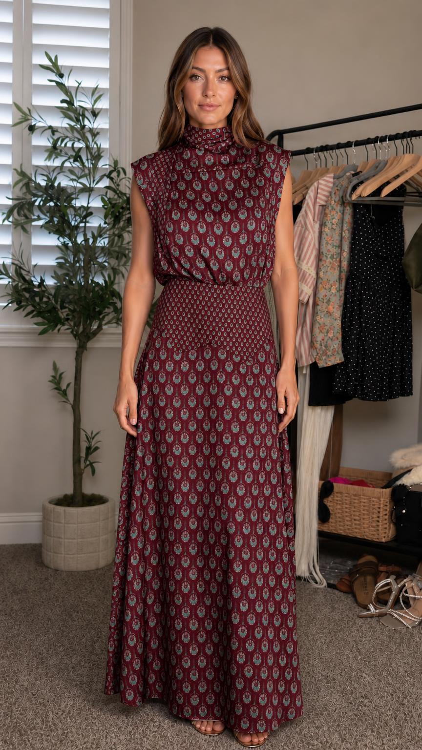 Woman wearing burgundy printed maxi dress