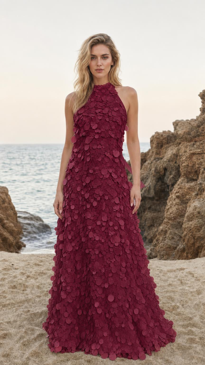 Front view of Burgundy halter neck 3D floral applique maxi dress