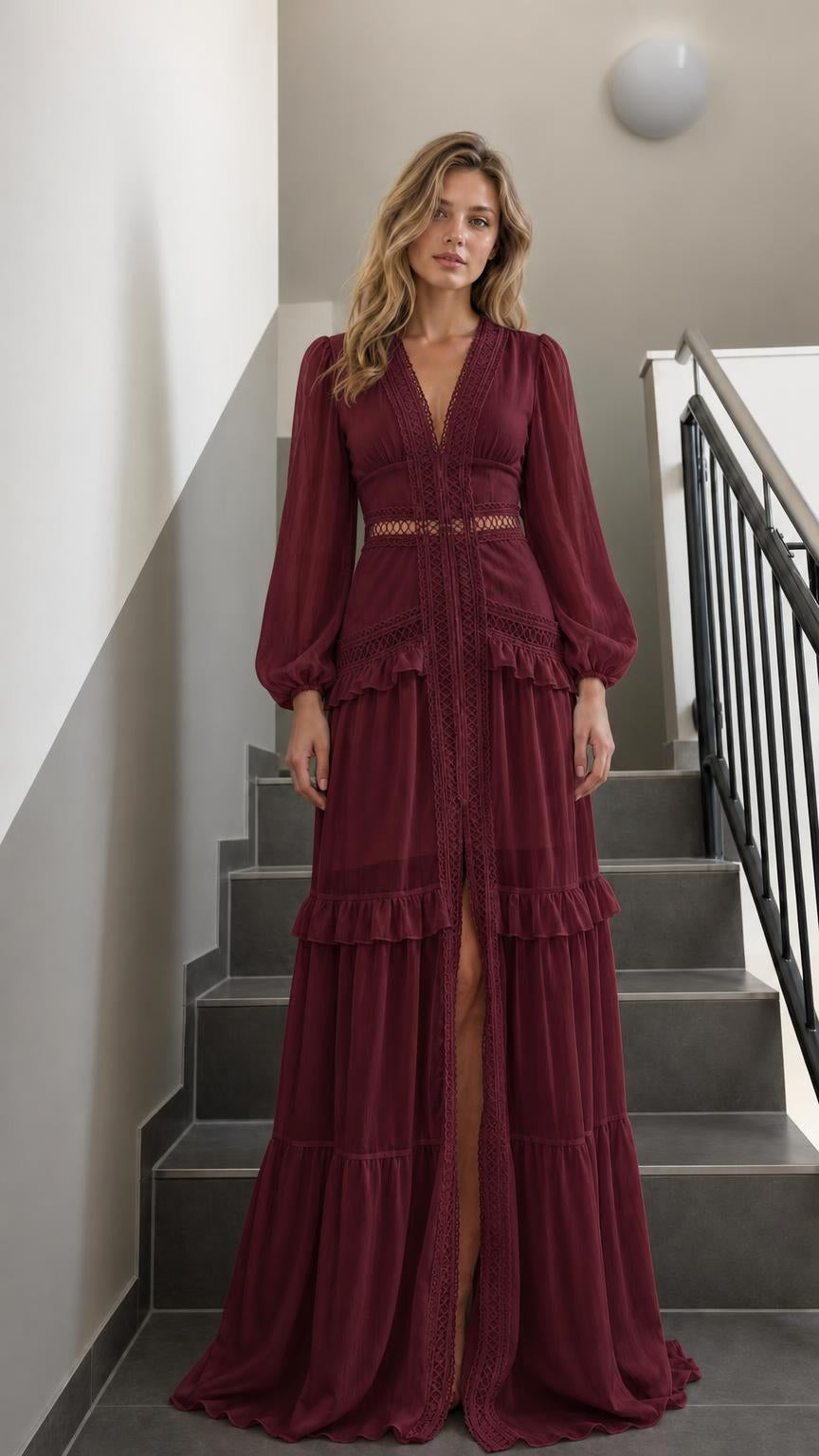 Front view of Burgundy V-Neck Long Sleeve Ruffle Tiered Maxi Dress