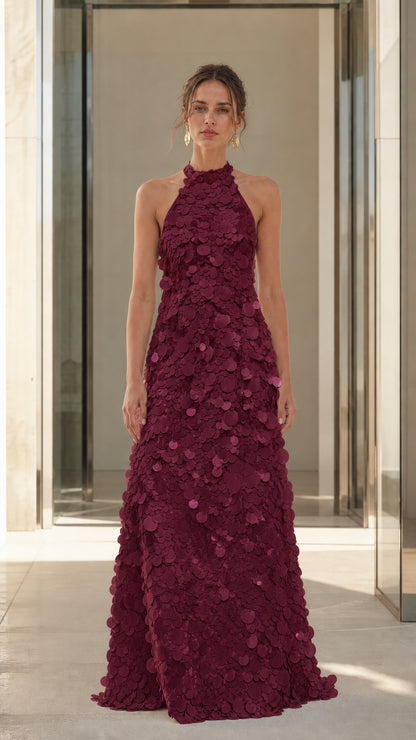 Full view of Burgundy 3D floral applique halter maxi dress