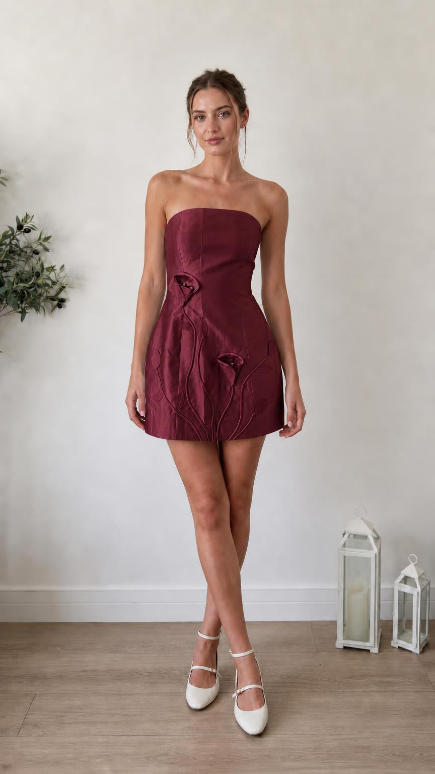 Front view of Burgundy 3D floral strapless mini dress