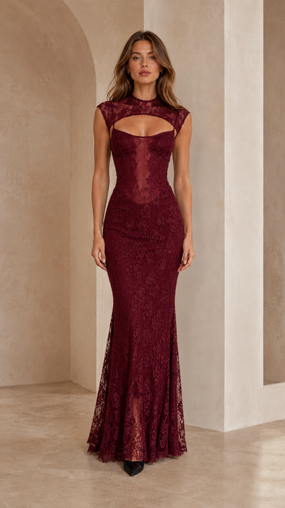 Burgundy lace mermaid maxi dress with sheer front panel and cap sleeves