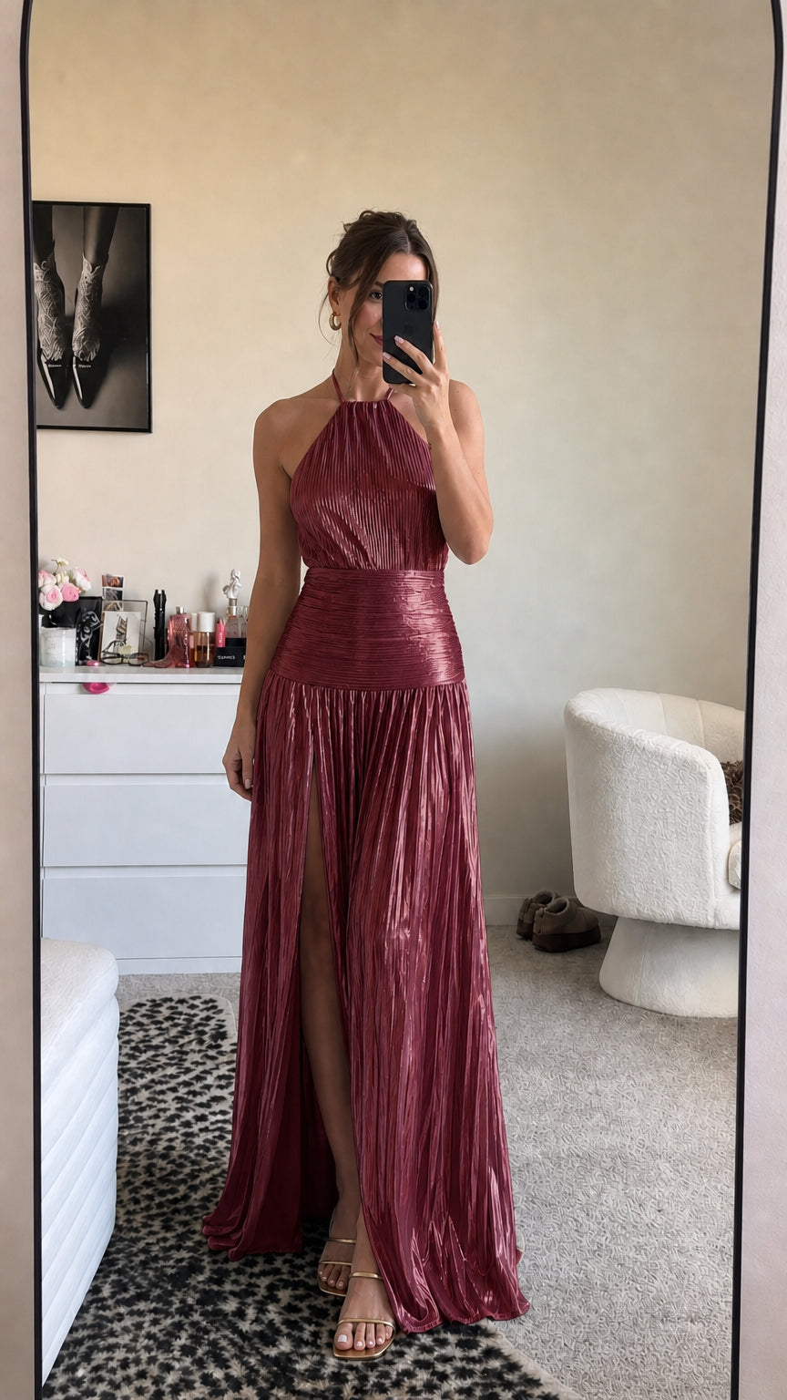 Metallic burgundy halter pleated maxi dress with high slit